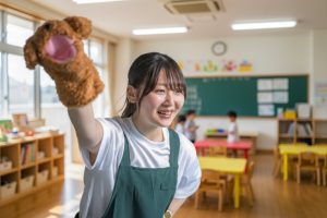 パペット片手に笑顔　エプロン保育実習生