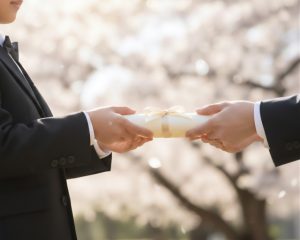 桜の木の下で卒園証書受け取る